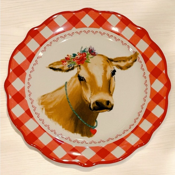 The Pioneer Woman Red Gingham Brown Farm Cow Ree Drummond 8.75" Salad Plate Dish - Picture 1 of 8